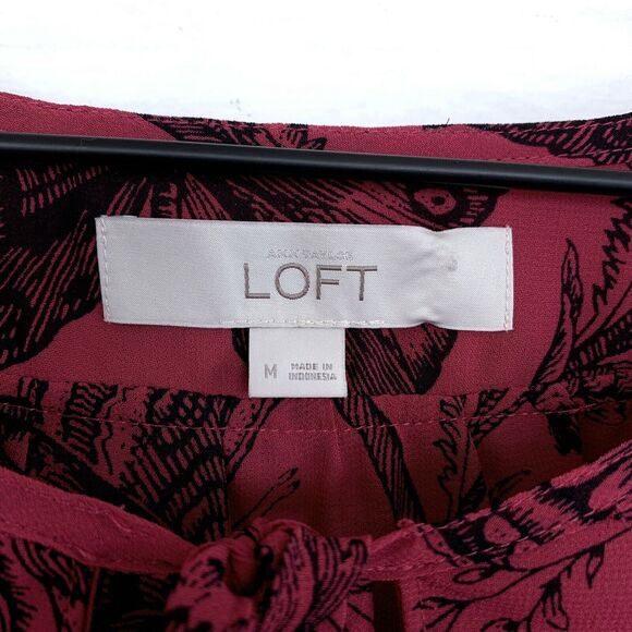 LOFT Floral Butterfly Peasant Blouse Pink Sheer Tie Neck Keyhole Womens Medium - Picture 9 of 10